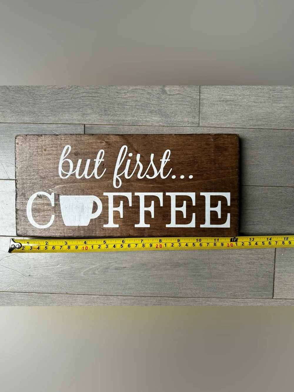 Wooden Rustic Farmhouse But First Coffee Stained Hanging Shelf Kitchen Sign